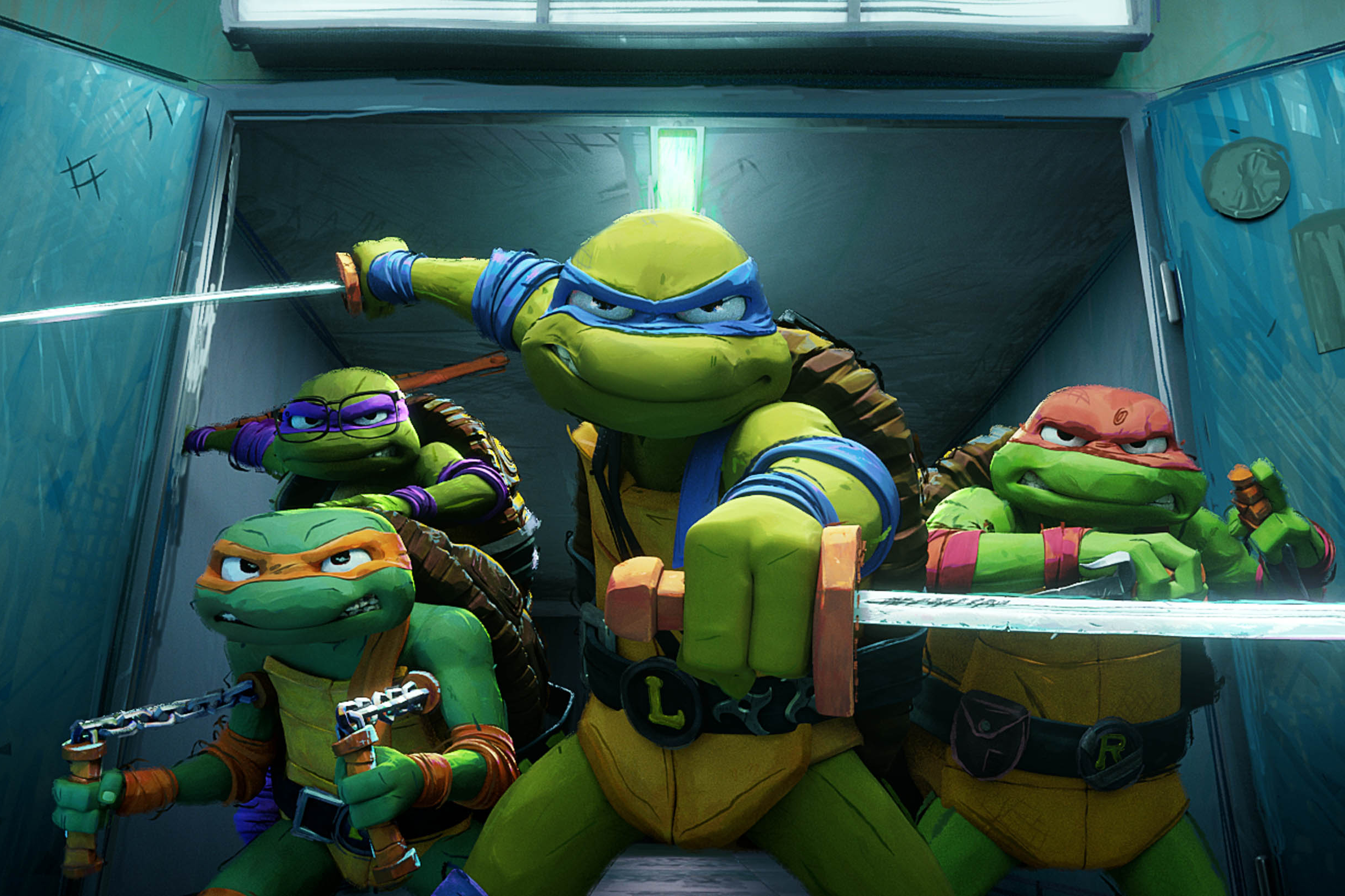 Leonardo stands in front of his brothers in Teenage Mutant Ninja Turtles: Mutant Mayhem.