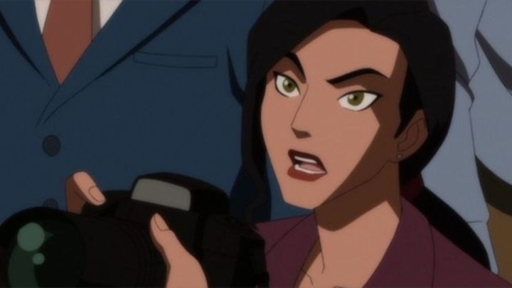 Lois Lane holding a camera and looking up in shock in the movie Justice League Doom.