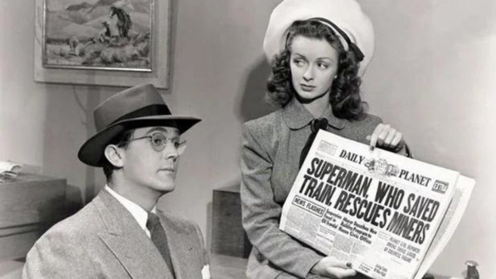 Kirk Alyn as Clark Kent and Noel Neill as Lois Lane in the 1948 serial Superman.