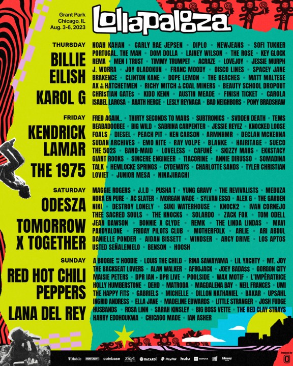 The poster for Lollapalooza 2023 featuring all of the artists set to perform.