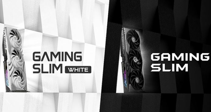 Two MSI Gaming Slim graphics cards: one white, one black.
