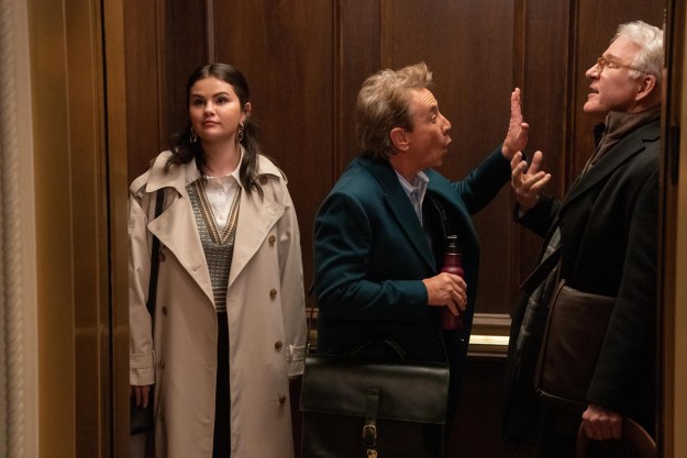 Mabel, Oliver, and Charles stand in an elevator together in Only Murders in the Building Season 3.
