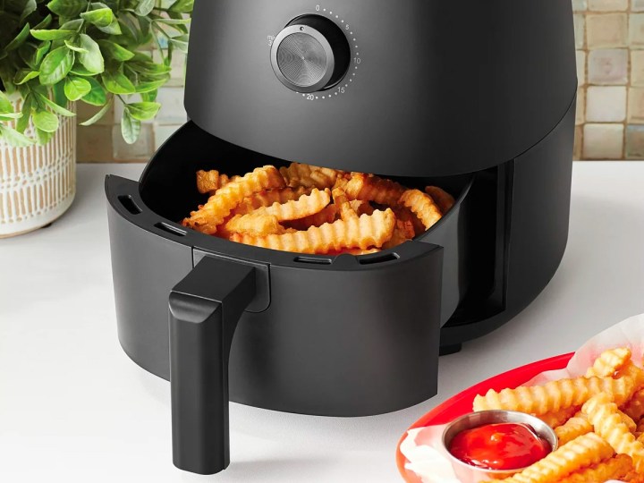 A serving of fries in the tray of the Mainstays 2.2-quart compact air fryer.