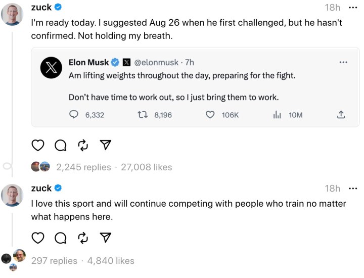Capture d'écran de Mark Zuckerberg Threads à propos d'un combat avec Elon Musk.