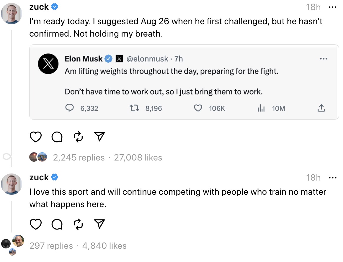 Captura de tela do Mark Zuckerberg Threads sobre uma briga com Elon Musk.
