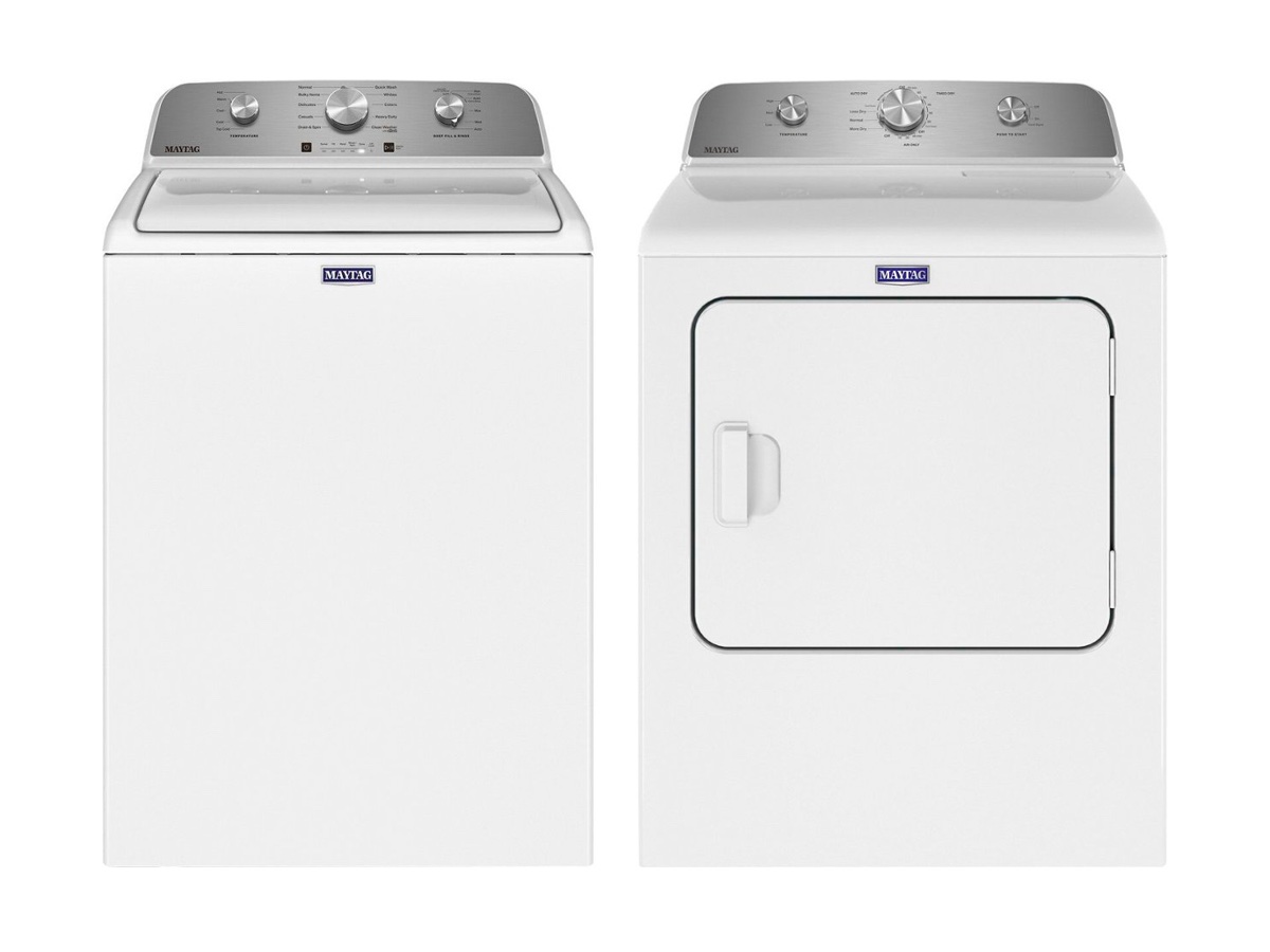 The Maytag - 4.5 Cu. Ft. High Efficiency Top Load Washer with Deep Fill and 7.0 Cu. Ft. Electric Dryer with Wrinkle Prevent against a white background.