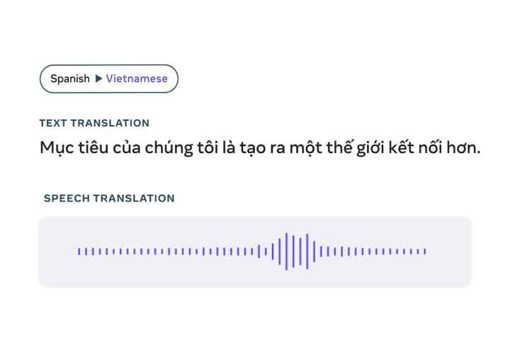 Meta's AI translation tool SeamlessM4T converts Spanish-language input into Vietnamese, both in text and audio forms.