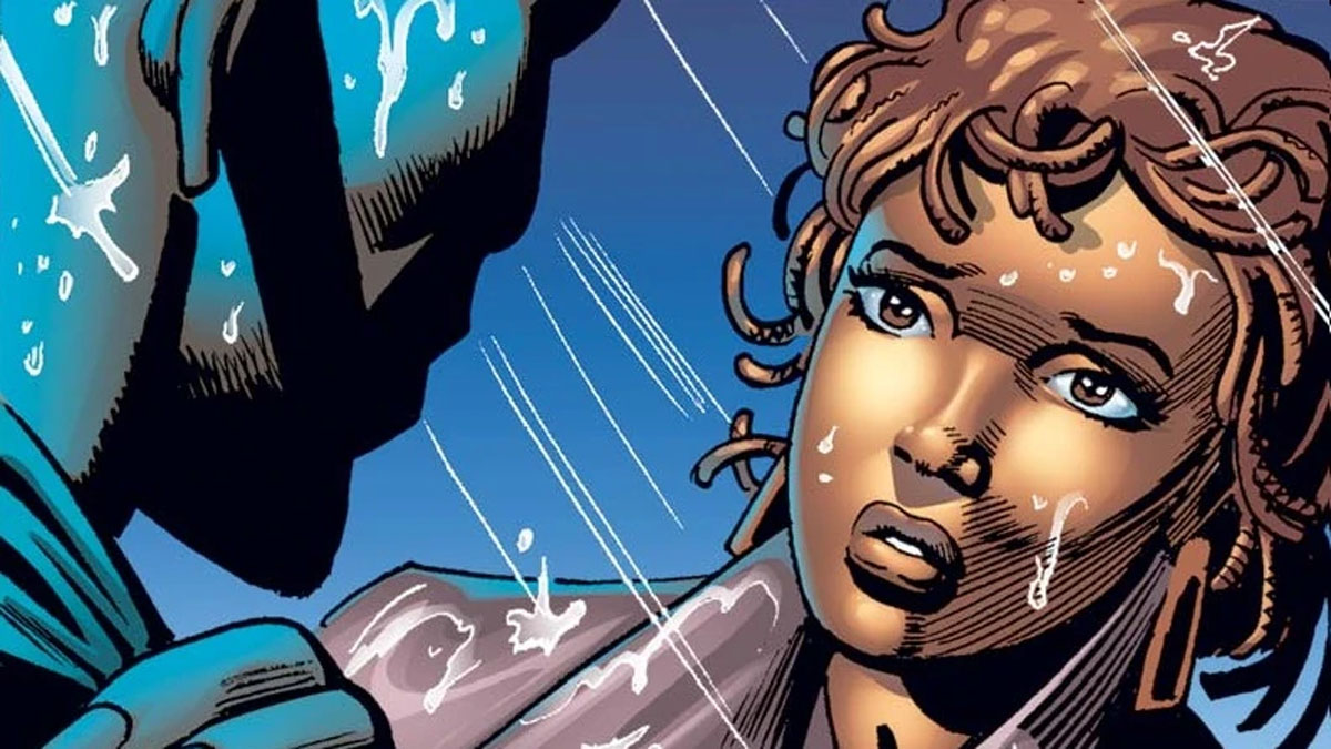 A amante do Pantera Negra, Monica Lynne, em um painel da Marvel Comics.