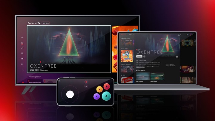 Oxenfree being played via Netflix on TV and on a computer.