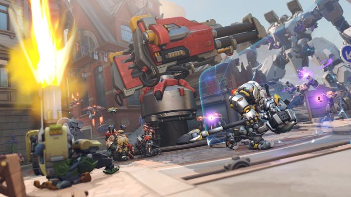 A giant turret in set up in Gothenburg in Overwatch 2's story missions.