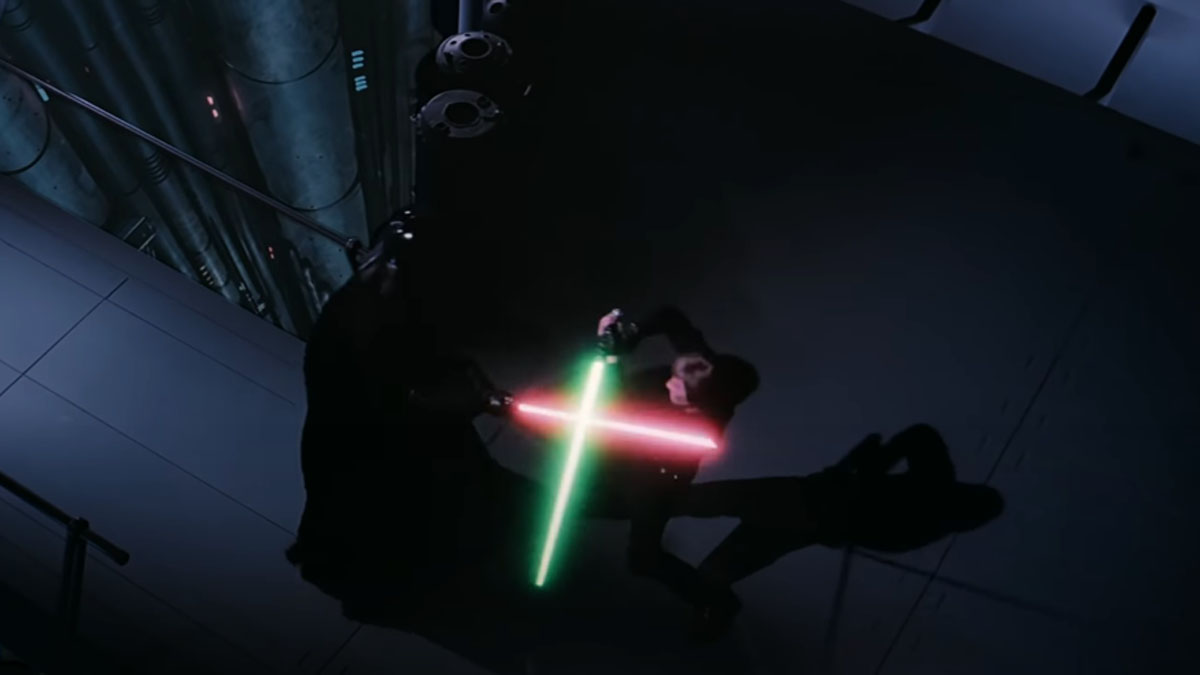 A batalha final de Darth Vader e Luke Skywalker em O Retorno de Jedi.
