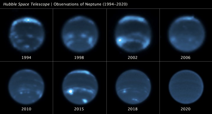 Esta secuencia de imágenes del Telescopio Espacial Hubble narra el aumento y la disminución de la cantidad de cobertura de nubes en Neptuno. Este largo conjunto de observaciones muestra que el número de nubes crece cada vez más después de un pico en el ciclo solar, donde el nivel de actividad del Sol aumenta y disminuye rítmicamente durante un período de 11 años.