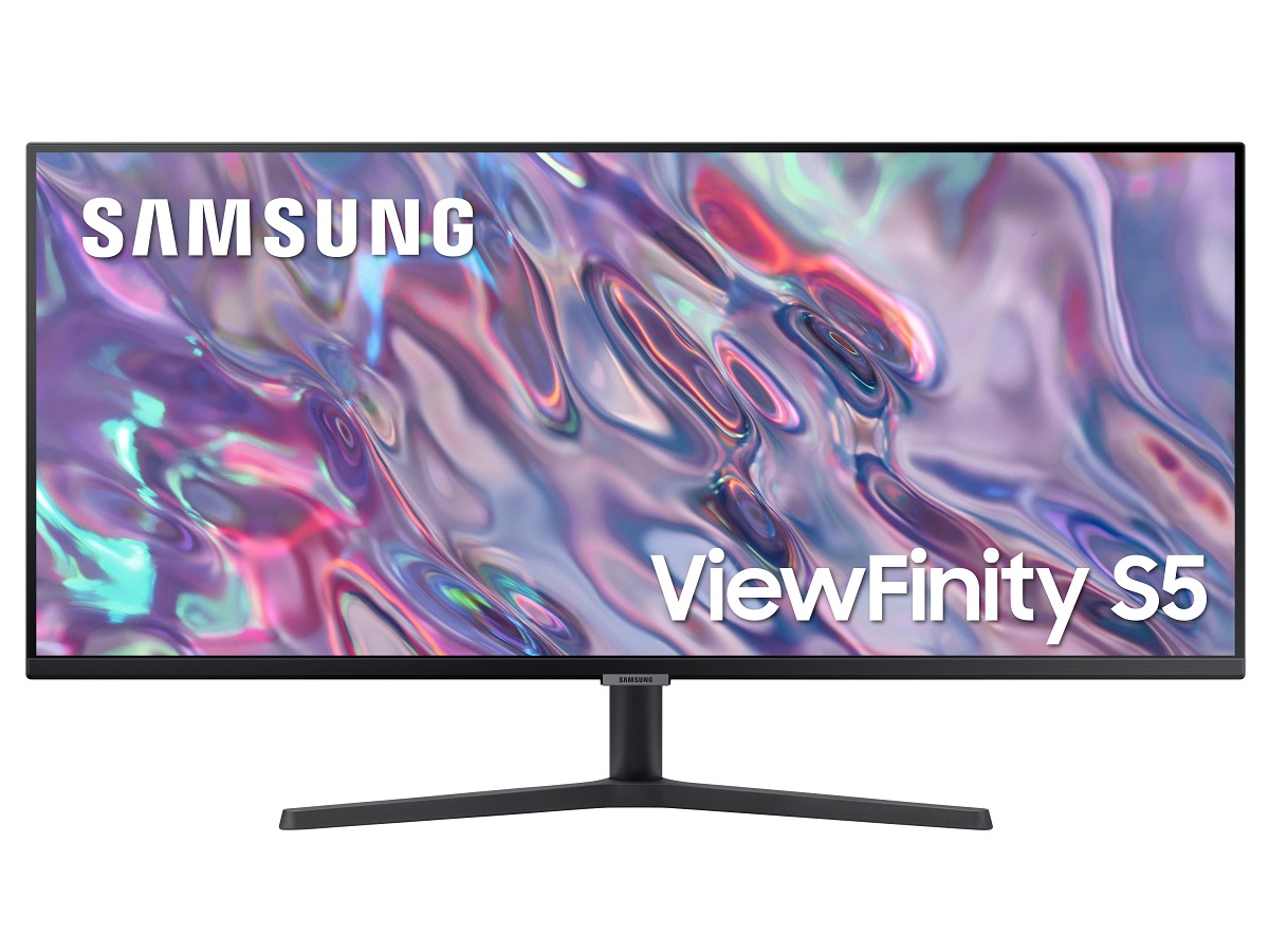 The Samsung 34-inch ViewFinity S5 monitor on a white background.