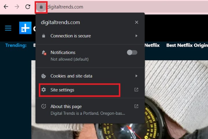 Selecting the Lock icon to access Site settings for a particular website on Chrome.