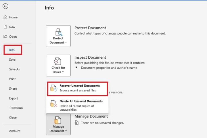 Seleccionando la opción Recuperar documentos no guardados en la ficha Información de Microsoft Word.