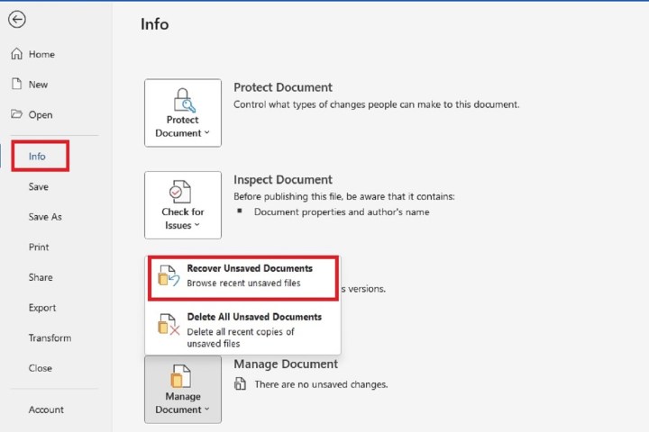 Selecting the Recover Unsaved Documents option on the Info tab of Microsoft Word.