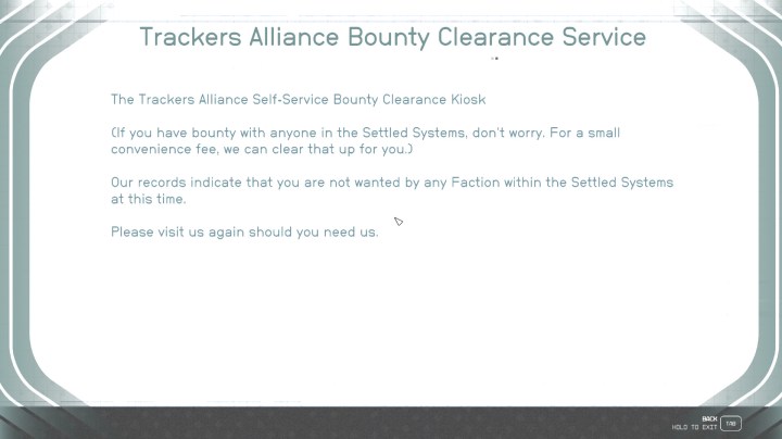 A kiosk describing how to clear a bounty in Starfield.