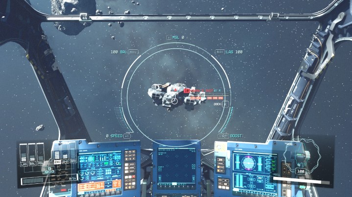 A cockpit view of an enemy ship that can be docked with.