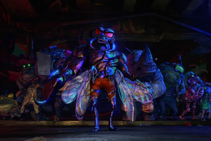 Superfly stands in front of his mutant family in Teenage Mutant Ninja Turtles: Mutant Mayhem.