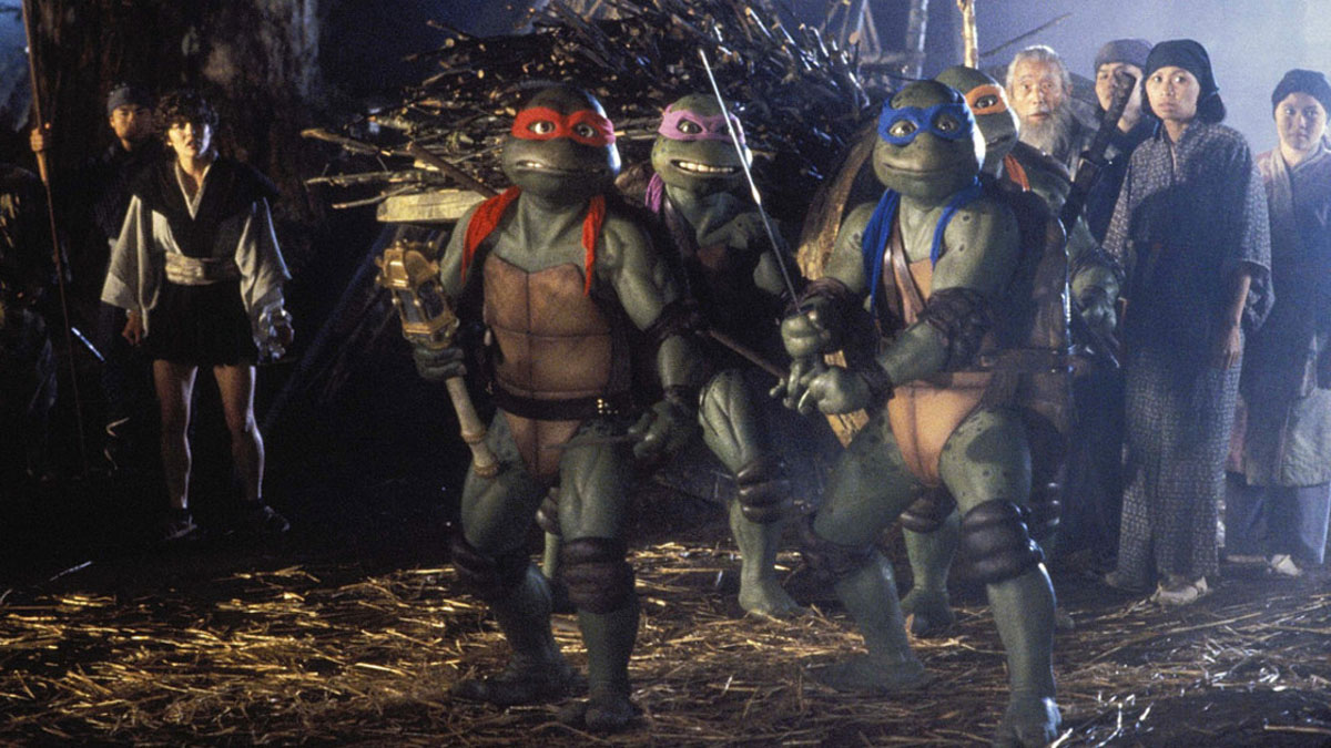 O elenco de Teenage Mutant Ninja Turtles III.
