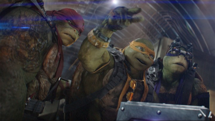 Three of the TMNT in Teenage Mutant Ninja Turtles: Out of the Shadows.