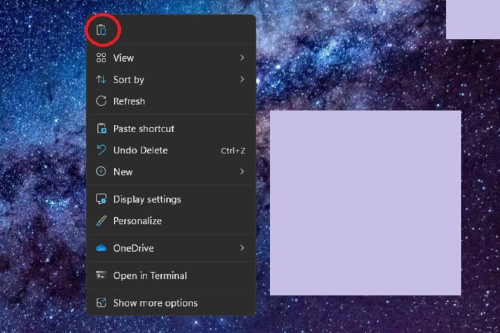 The Paste option icon that appears after right clicking to paste a copied file onto the desktop in Windows 11.
