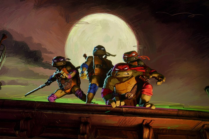 As Tartarugas posam juntas em um telhado em Teenage Mutant Ninja Turtles: Mutant Mayhem.