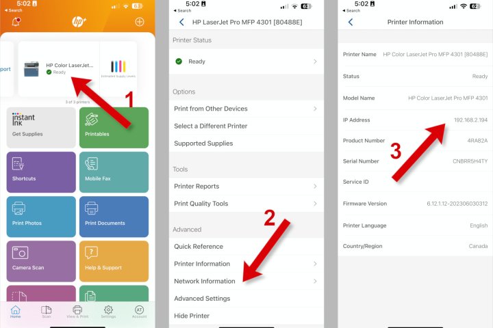 Three screenshots provide an example of finding IP address in HP's mobile app.