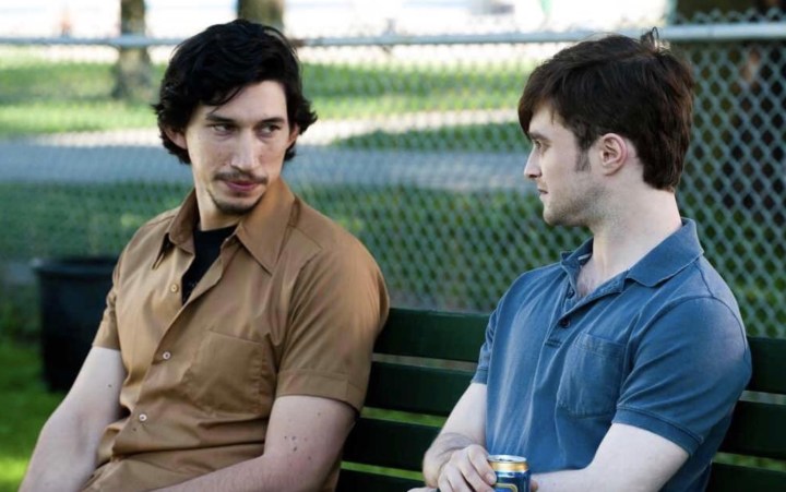 Adam Driver and Daniel Radcliffe sit next to each other on a bench in What If.