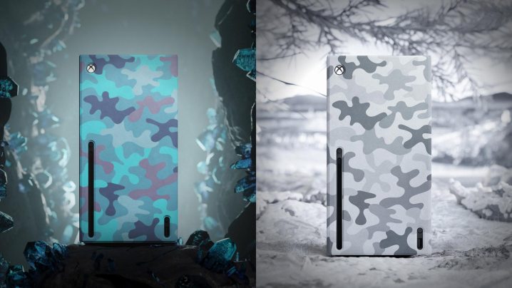 The Mineral Camo and Artic Camo Xbox Series X Console Covers.