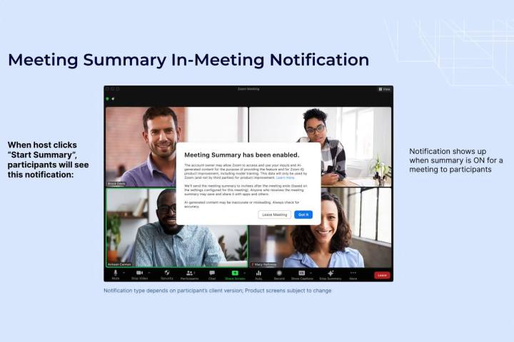 Zoom's in-meeting notification that AI features are enabled.