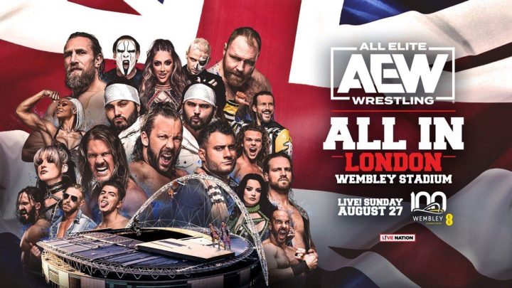 Wrestlers on the poster for AEW All In at Wembley Stadium.