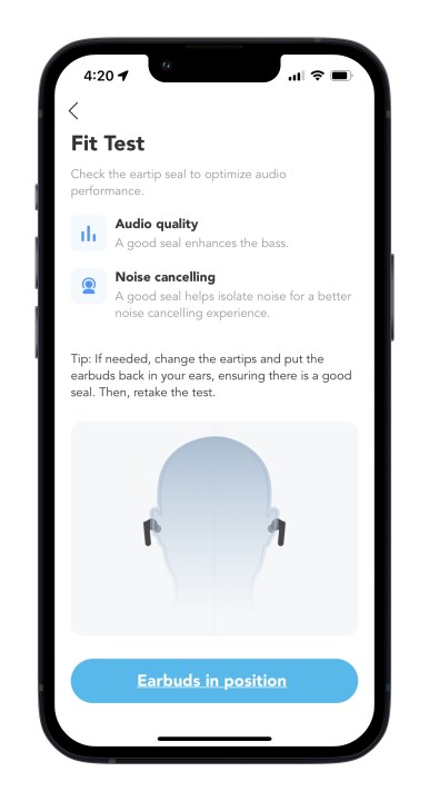 Avvio dell'app Soundcore per il test di adattamento dell'orecchio iOS.