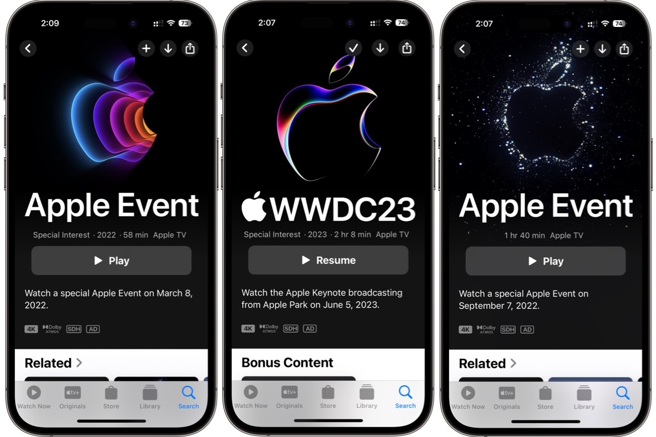 A screenshot of Apple event links from the Apple TV app on an iPhone