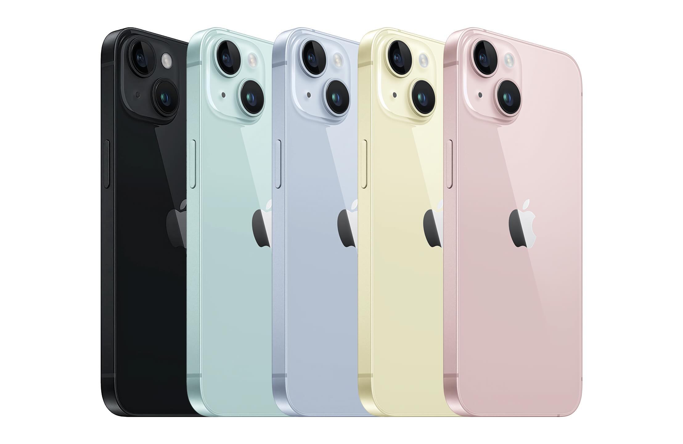 iPhone 15 color family includes: Black, Green, Blue, Yellow, and Pink.