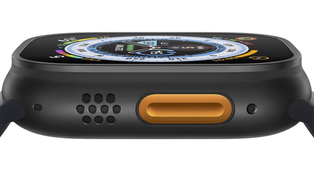 Maquete do Apple Watch Ultra 2 com acabamento em titânio escuro.