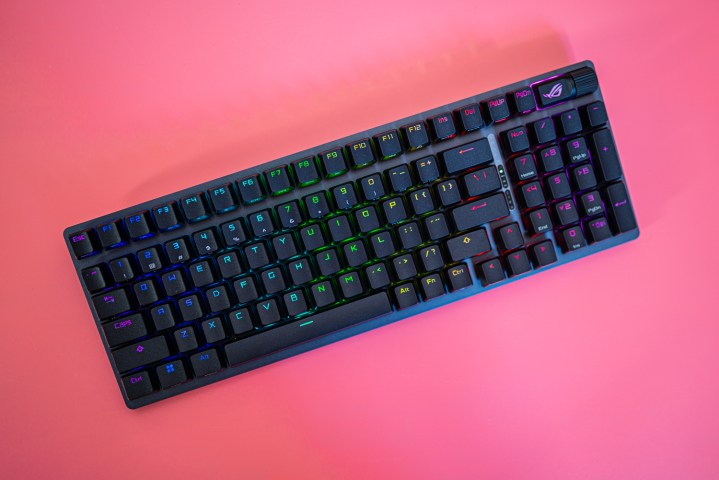 The Asus ROG Strix Scope II 96 on a pink background.