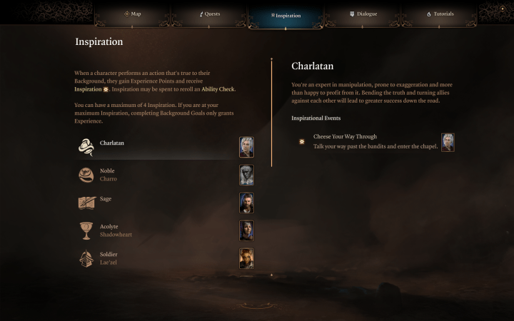 An inspiration menu in Baldur's Gate 3 shows different bonuses.