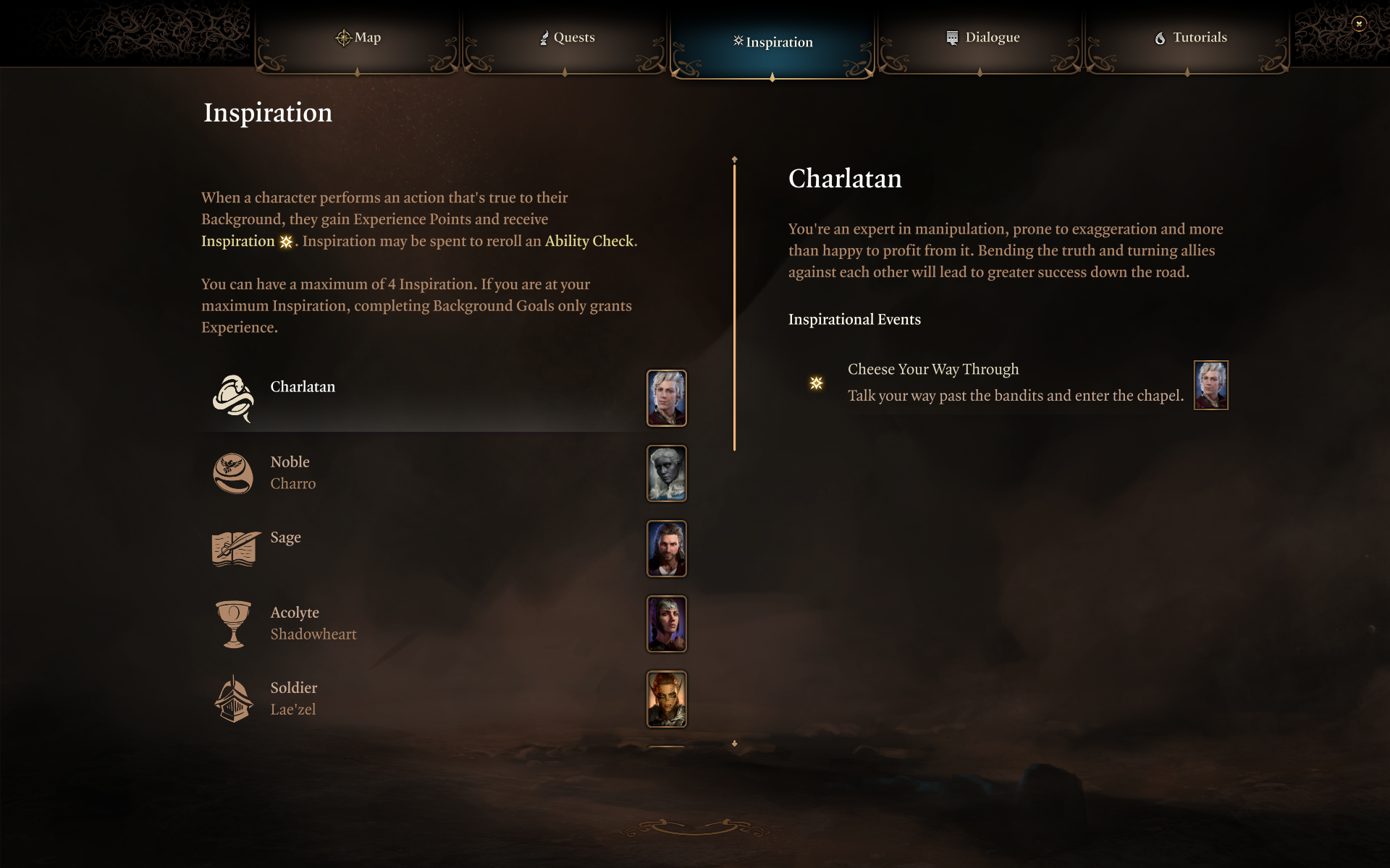 Um menu de inspiração em Baldur's Gate 3 mostra diferentes bônus.