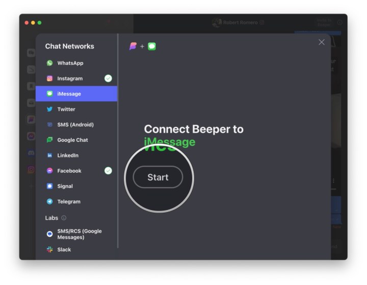 Select Start on the iMessage screen to set up iMessage in Beeper desktop app.