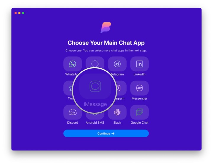 Select iMessage on the Main Chat app selection screen in Beeper desktop app.