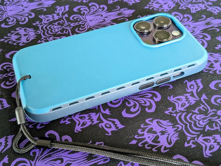 BodyGuardz Paradigm Pro for iPhone 14 Pro case in Hydro showing vents along volume button side.