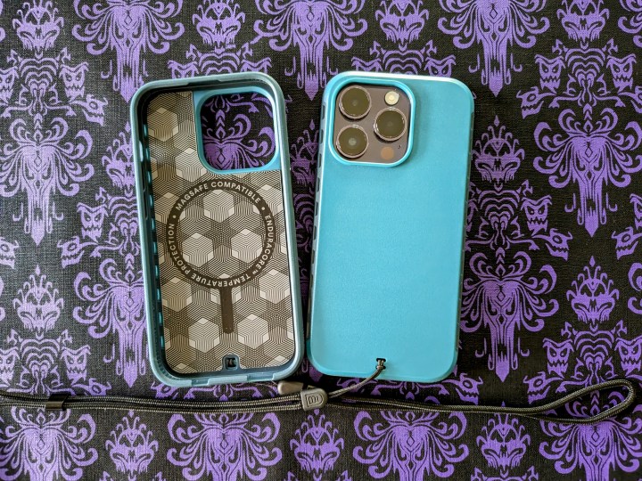 BodyGuardz Paradigm Pro for iPhone 14 Pro case in Hydro showing interior of case and what it looks like with a Deep Purple iPhone 14 Pro.