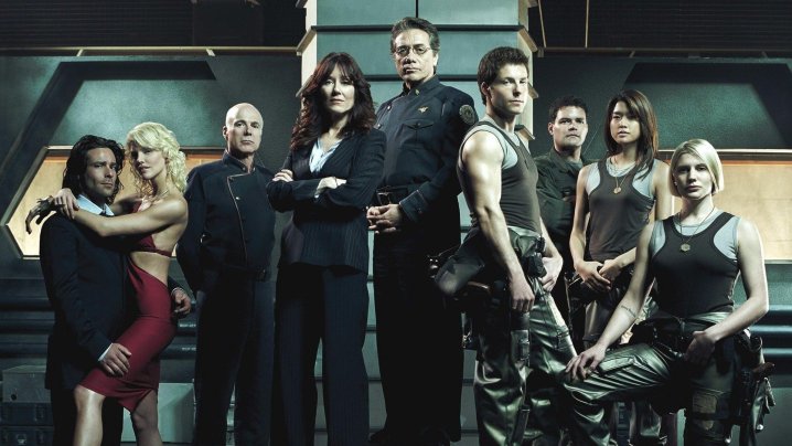 The cast of the rebooted Battlestar Galactica, circa 2004.
