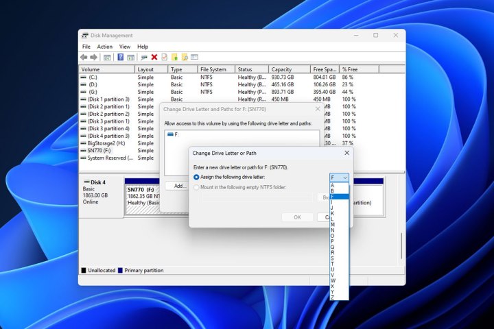Changing a drive letter for an SSD in Windows 11.