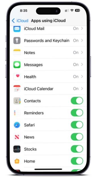 Configurações de contatos para iCloud em um iPhone.