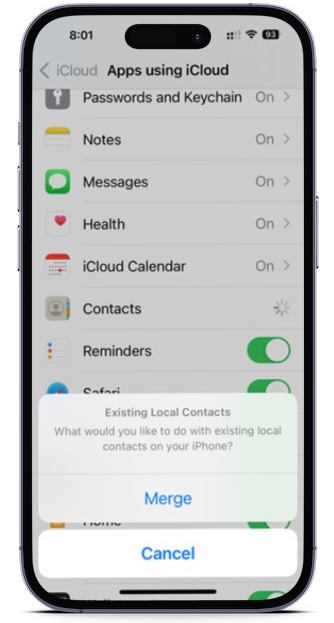 Contacts iCloud settings on an iPhone.