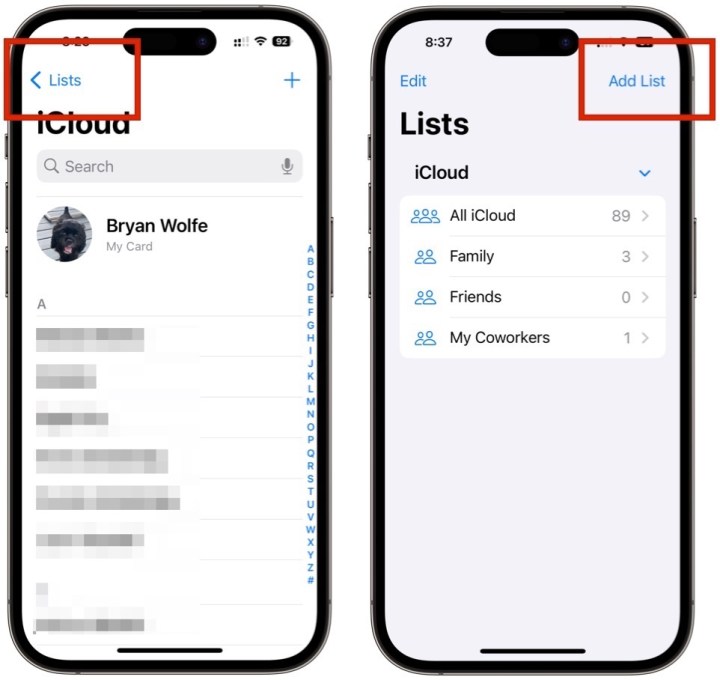 Adding contacts to a list in the Contacts app