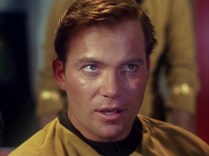 A serious Captain Kirk gives an order in Star Trek's "The Corbomite Maneuver"
