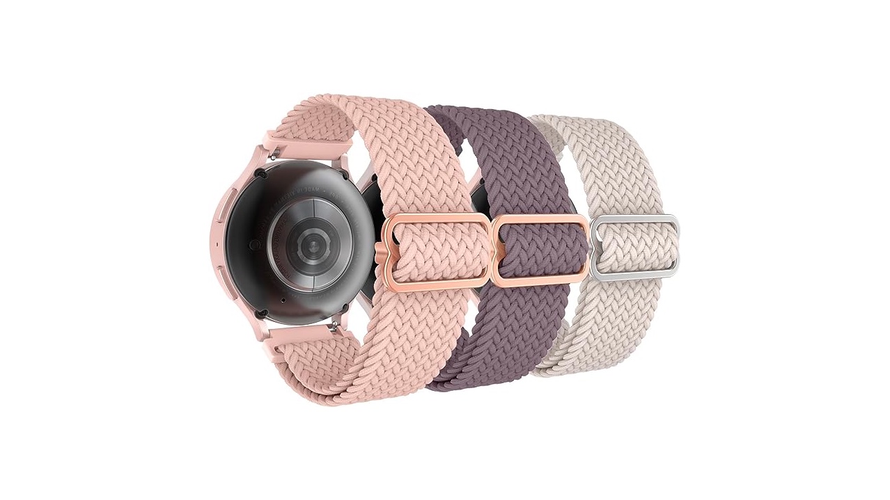 Delidigi Stretchy Watch Bands for Galaxy Watch 20mm in Nude Pink, Smoke Violet, and Starlight colors.